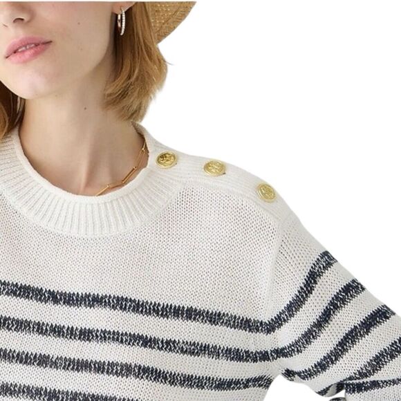 J Crew Sweater WMNS XS White Linen Blend Relaxed Beach Striped Gold Buttons - Picture 5 of 13